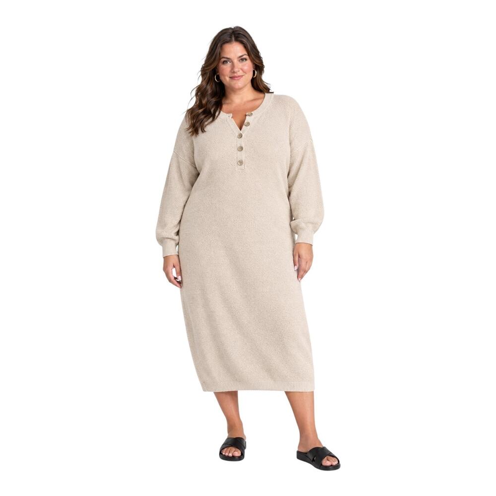 FREE PEOPLE Beach Size M Hailee Dress Midi Maxi Waffle Knit Buttons Cotton